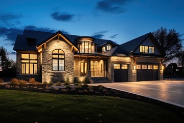 Sophisticated Design and Exquisite Features: Three-Car Garage, Navy Blue Siding, and Natural Stone Pillars, generative AI
