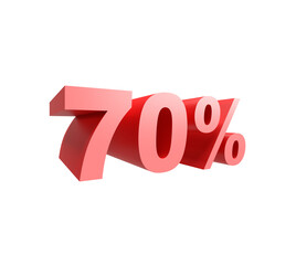 70% - Percent Number. 3d digit, red on white background - isolated