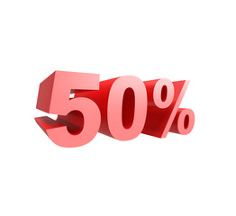 50% - Percent Number. 3d digit, red on white background - isolated