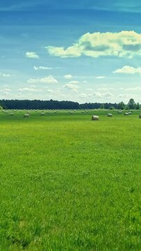 Aerial nature, haystacks in a green field, blue sky skyline, vertical phone wallpaper