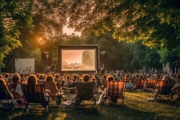 An open - air summer cinema in a park with people sitting and watching a movie