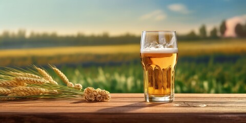 Glass of Beer on Blur Field Background, International Beer Day Celebration. Generative Ai