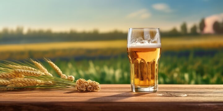 Glass of Beer on Blur Field Background, International Beer Day Celebration. Generative Ai
