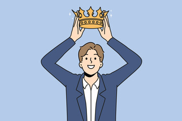 Smiling businesswoman put golden crown on head. Happy male employee coronated. Royalty and leadership. Vector illustration. 