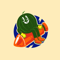 illustration of a cute watermelon riding rocket vector mascot
