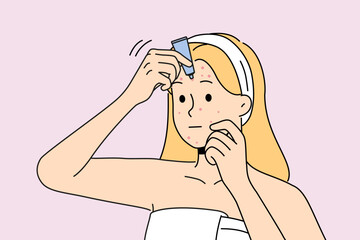 Woman in bathrobe apply cream on pimples on face. Unhappy girl treat redness struggle with facial problems. Skincare and beauty. Vector illustration. 