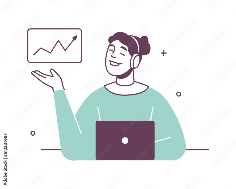 Poster customer service call center worker with laptop, worldwide cooperation. vector illustration of woman