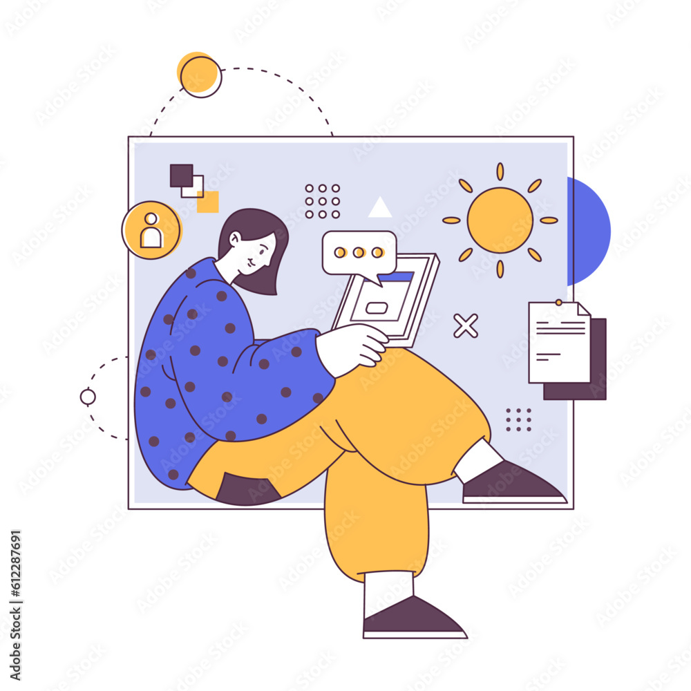 Poster freelancer or student working on laptop, worker on quarantine, online job on computer. vector illust