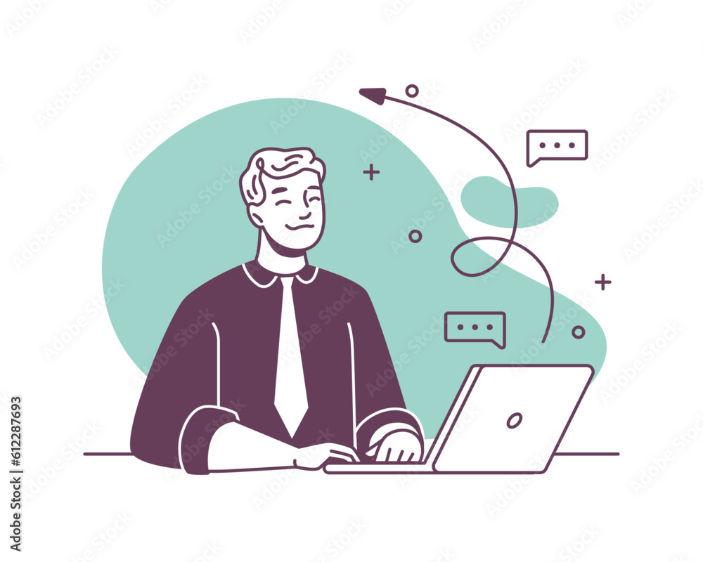Poster helpline customer service call center worker with laptop, cooperation and growth. vector illustratio