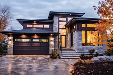 Obraz premium Contemporary Flair and Natural Stone Features Elevate Impressive New Build House with Four-Car Garage and Striking Purple Siding, generative AI
