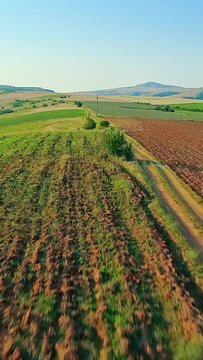 Farmland, drone flight above fields, vertical short video