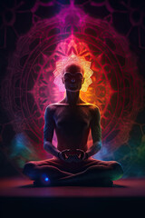 Portrait of young beautiful stone man practicing yoga meditation with spiritual brain waves, chakra, psychedelic, created with Generative AI.