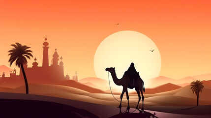 Fototapeta na wymiar camel walking in the desert in the evening towards the mosque. eid al adha, generative AI