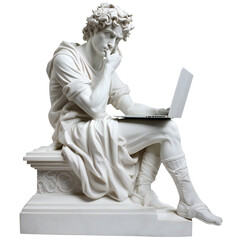 Classic gypsum statue of man using a laptop for IT isolated. Generative ai art - obrazy, fototapety, plakaty