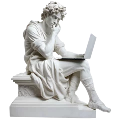 Fotobehang Classic gypsum statue of man using a laptop for IT isolated. Generative ai art © kilimanjaro 