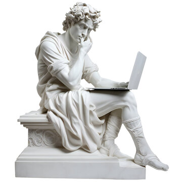 Naklejka Classic gypsum statue of man using a laptop for IT isolated. Generative ai art