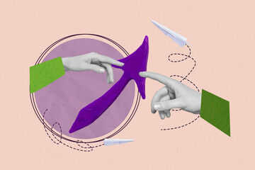 Creative abstract collage of two fingers connect template teamwork together matches arrow up...