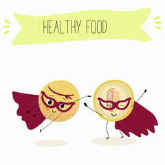 Illustration with funny cartoon characters berry, fruit, cheerful melon.   Funny and healthy food. Vitamins, cute face food, ingredients, vegetarian, vector cartoon, agriculture, raw, ripe.