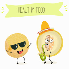 Illustration with funny cartoon characters berry, fruit, cheerful melon.   Funny and healthy food. Vitamins, cute face food, ingredients, vegetarian, vector cartoon, agriculture, raw, ripe.