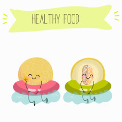 Illustration with funny cartoon characters berry, fruit, cheerful melon.   Funny and healthy food. Vitamins, cute face food, ingredients, vegetarian, vector cartoon, agriculture, raw, ripe.