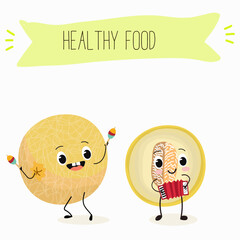 Illustration with funny cartoon characters berry, fruit, cheerful melon.   Funny and healthy food. Vitamins, cute face food, ingredients, vegetarian, vector cartoon, agriculture, raw, ripe.