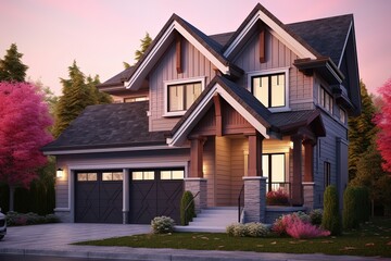 Innovative Layout and Natural Stone Details Highlight Regal Two-Car Garage Home with Pink Siding, generative AI