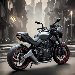 A robust heavy bike thundered through the streets of a dark and atmospheric city, its lights piercing through the night.