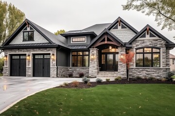 Fototapeta na wymiar Innovative Layout Meets Regal Charm: The Ultimate Freshly Developed Home with Two-Car Garage, Gray Siding, and Natural Stone Details, generative AI