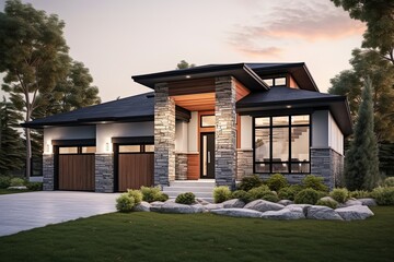Fototapeta na wymiar Innovative Layout & Natural Stone Details Accent Regal Home with Pink Siding & 2-Car Garage, generative AI
