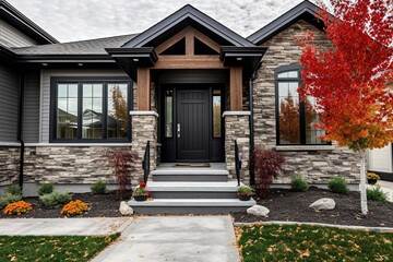Modern Marvel: Innovative Layout with Two-Car Garage, Regal Touches of Dark Gray Siding & Natural Stone Details, generative AI