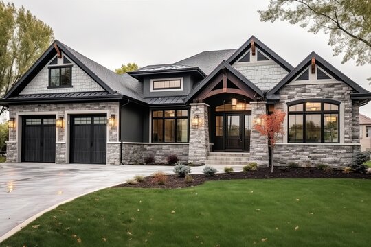 Innovative Layout Meets Regal Charm: The Ultimate Freshly Developed Home with Two-Car Garage, Gray Siding, and Natural Stone Details, generative AI
