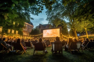 Photo sur Plexiglas Parc dattractions An open - air summer cinema in a park with people sitting and watching a movie