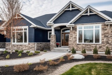 Fototapeta na wymiar Innovative Layout, Two-Car Garage, Navy Blue Siding: A Regal Freshly Developed Home with Natural Stone Details, generative AI
