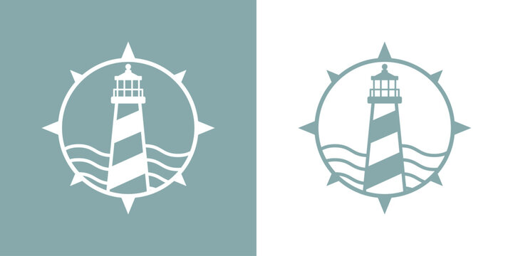Logo Nautical. Icono de torre mar&iacute;tima en puerto. Faro de luz con olas de mar en esfera de br&uacute;jula