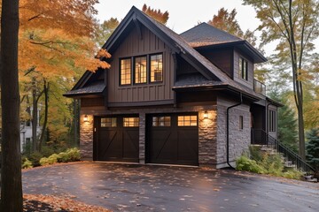 Fototapeta na wymiar Contemporary Features Meet Natural Stone Facade in a Serene Brown Siding Property with Single Car Garage, generative AI