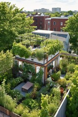 Fototapeta na wymiar An urban rooftop deck transformed into a lush green space with potted plants, garden furniture, and solar - powered lights, showcasing sustainable urban living in summer