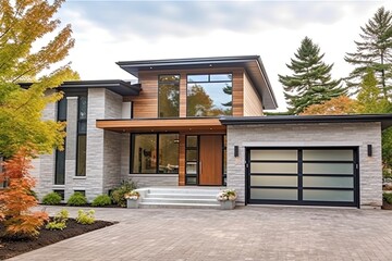 Fototapeta na wymiar Contemporary and Serene: Single Car Garage and Natural Stone Facade Complement Coral Siding on New Property, generative AI