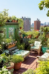 Fototapeta na wymiar An urban rooftop deck transformed into a lush green space with potted plants, garden furniture, and solar - powered lights, showcasing sustainable urban living in summer