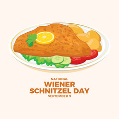 National Wiener Schnitzel Day vector illustration. Fried veal schnitzel with potatoes and vegetable garnish icon vector. Austrian cuisine specialty. September 9 every year. Important day