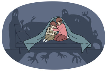 Scared small children sit on bed under blanket terrified by imaginary monsters. Frightened little kids feel fear and anxiety because of house ghosts. Childhood nightmare. Vector illustration.
