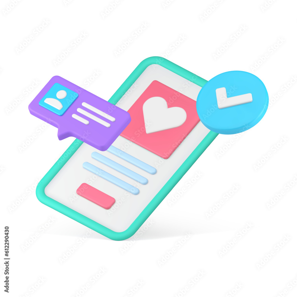 Aufkleber dating application account registration complete smartphone user interface 3d icon realistic vector