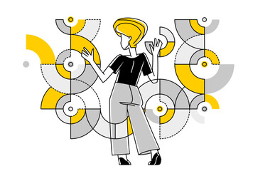 Creative worker doing some job and creating some system, inspired inventive designer or engineer composing abstract elements, vector outline illustration.