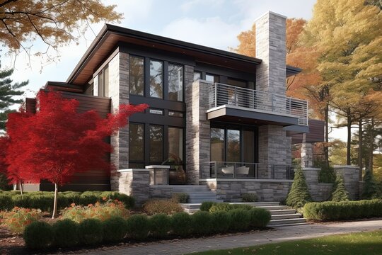 Contemporary Serenity: New Property with Burgundy Siding, Natural Stone Facade, and Single Car Garage, generative AI