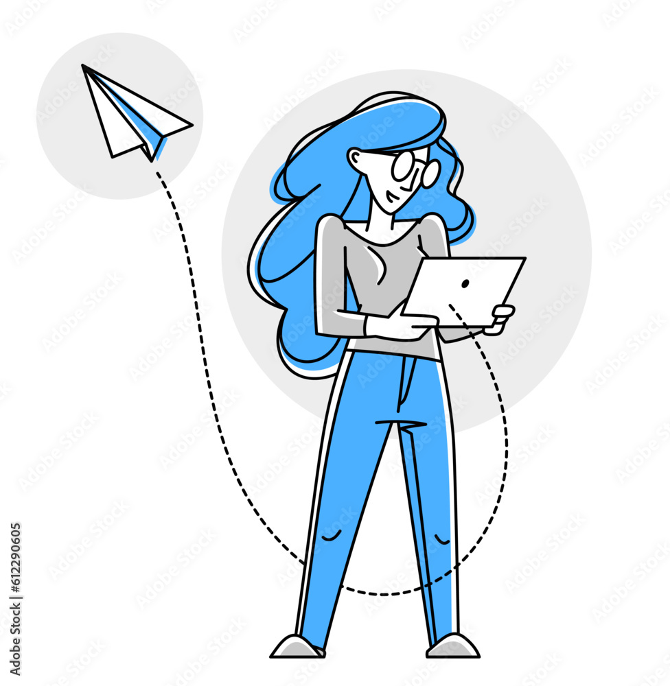 Wall mural young person sending message in some messenger or social media online, vector outline illustration, 