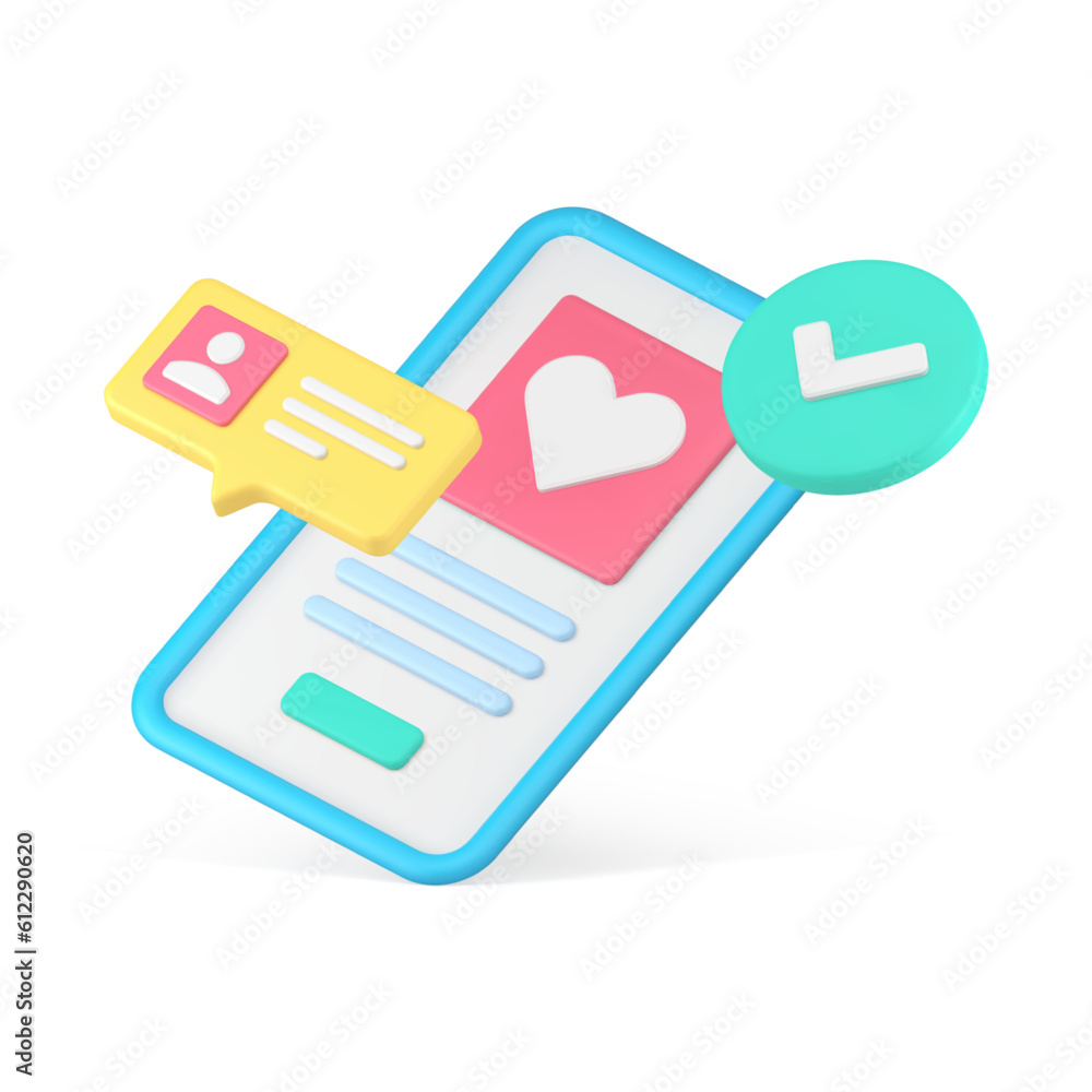 Aufkleber virtual dating smartphone app user account create registration complete 3d icon realistic vector