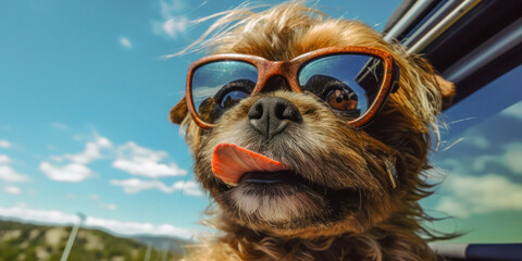 Beach Bound with Your Pup: Brussels Griffon Dog in Sunglasses and Leash on Summer Road Trip - Generative AI