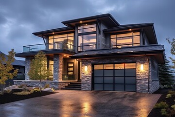 Double Garage and Natural Stone Elements Shine in Splendid Fresh Construction House with Innovative Design and Dark Blue Siding, generative AI
