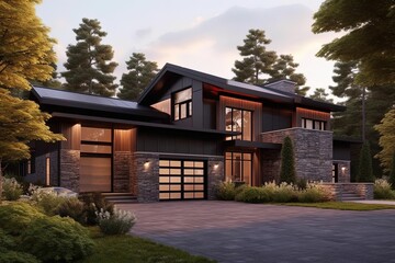 Fototapeta na wymiar New Construction Home with Innovative Design, Double Garage, Bronze Siding, and Natural Stone Accents, generative AI