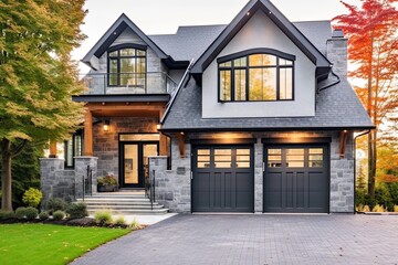 Innovative Design and Natural Stone Elements Highlight Splendid Double Garage House with Light Gray Siding, generative AI