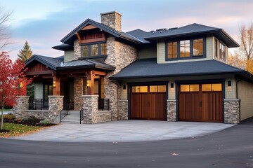 Fototapeta na wymiar Innovative Design and Natural Stone Accents Enhance Splendid Fresh Construction House with Double Garage and Light Blue Siding, generative AI